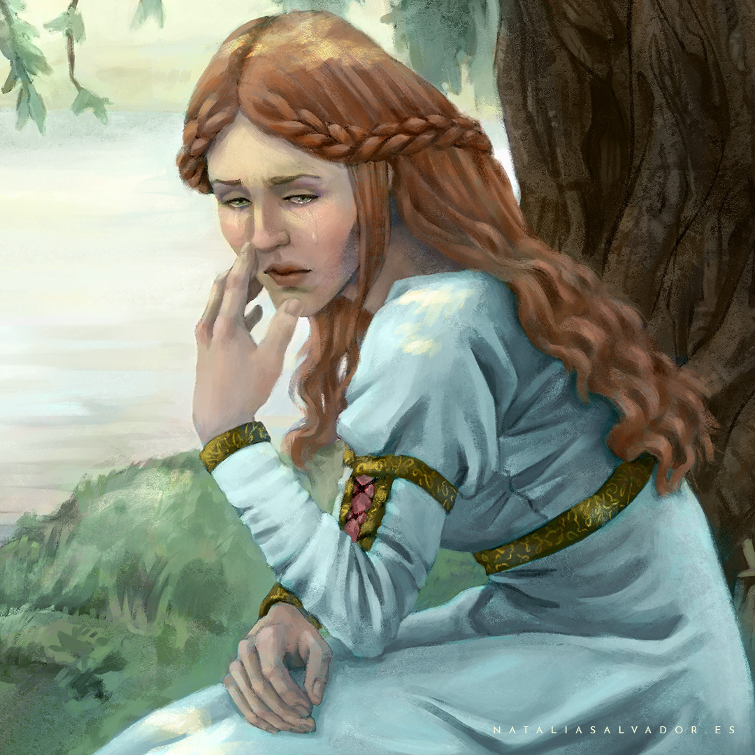 Closeup of the weeping lady in the digital painting “Weeping Willow”