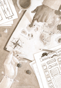 Ink illustration of a roleplaying game table