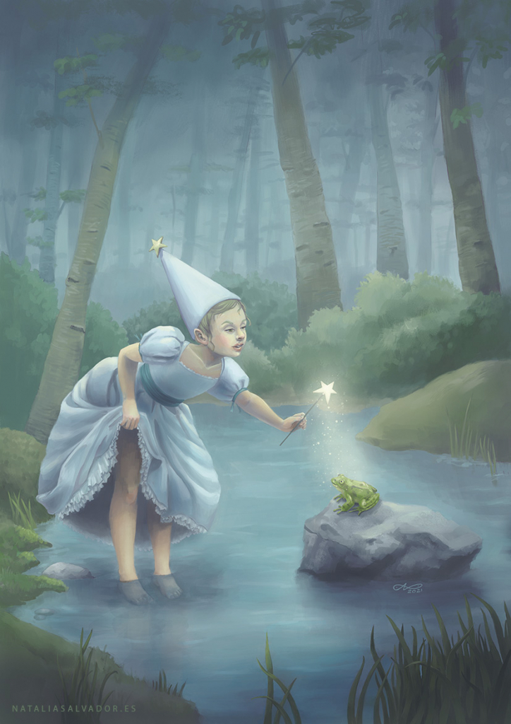 Digital illustration of a little girl playing with a frog
