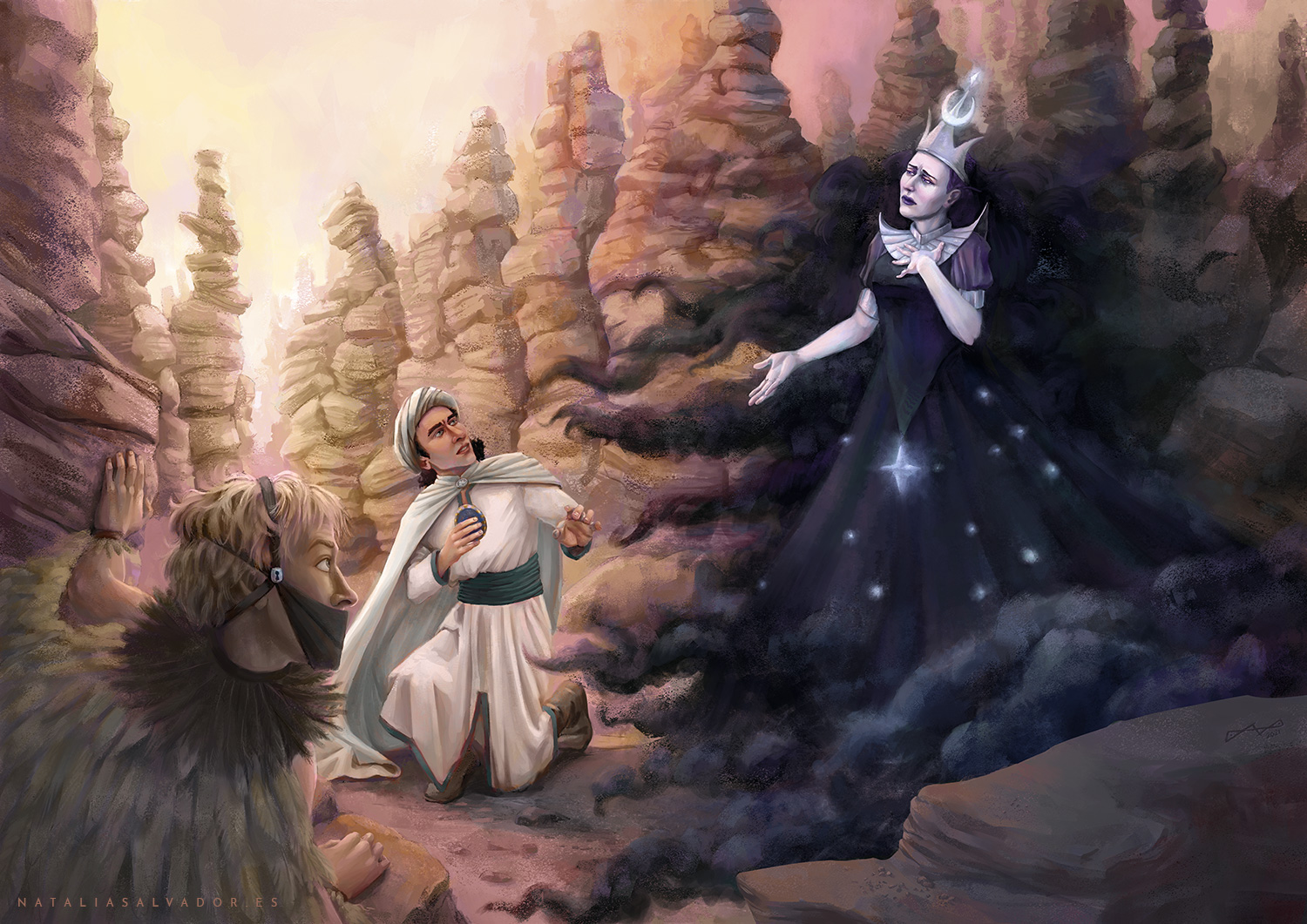 Digital illustration of The Queen of the Night talking to Tamino by Natalia Salvador