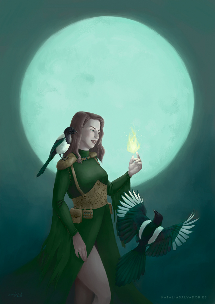 Digital illustration of a good witch in front of the moon with her two magpie friends