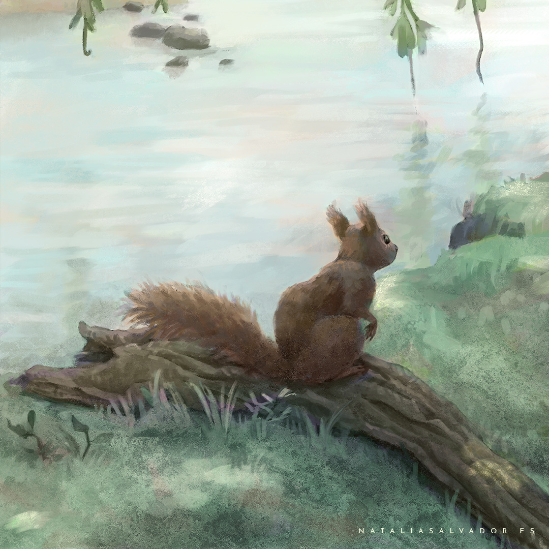 Closeup of the squirrel in the digital painting “Weeping Willow”