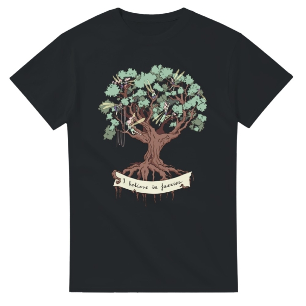 black t-shirt with the I believe in fairies design by Natalia Salvador that features a tree surrounded by fairies