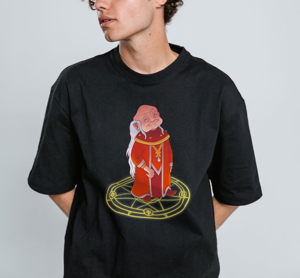 a young man wearing a black t-shirt with the Dungeon Master design by Natalia Salvador