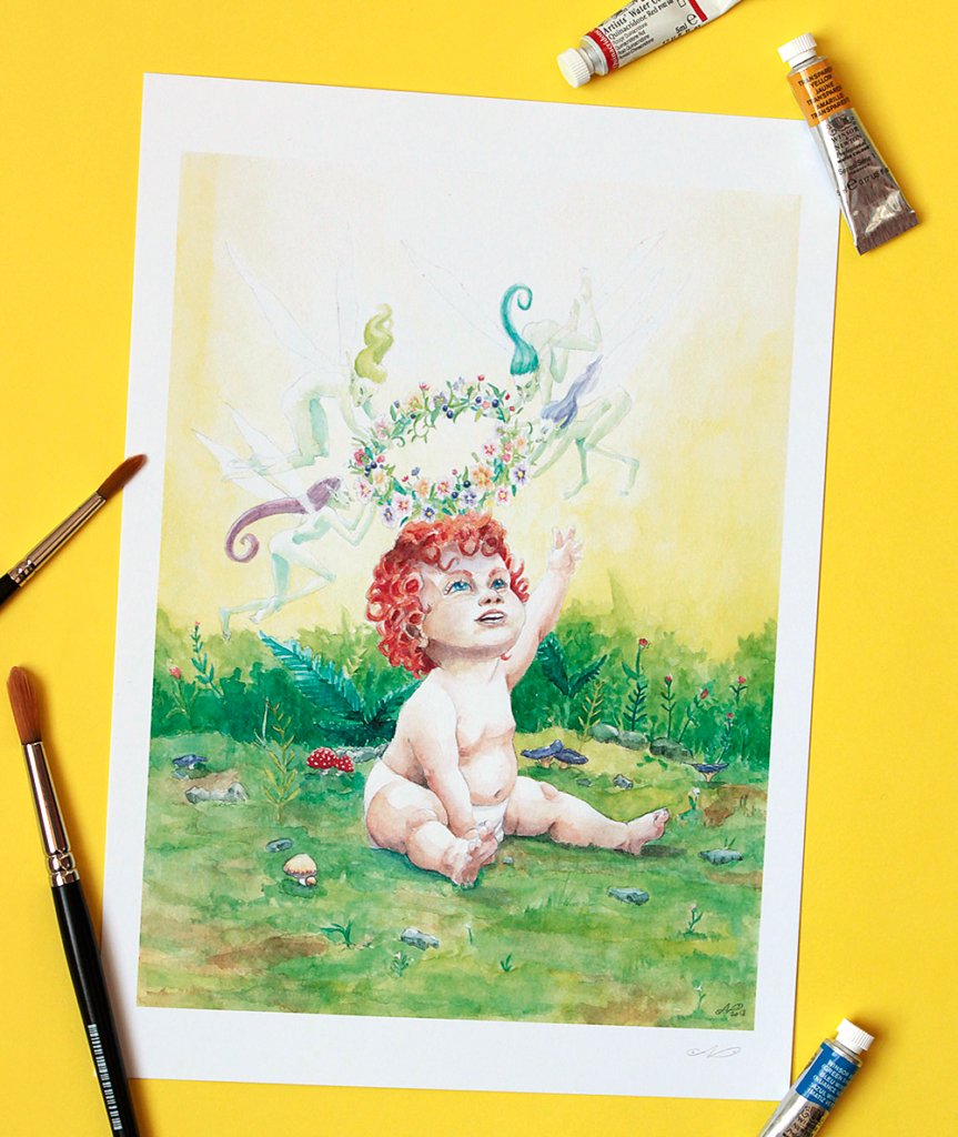 Flower crown watercolor illustration print with painting gear