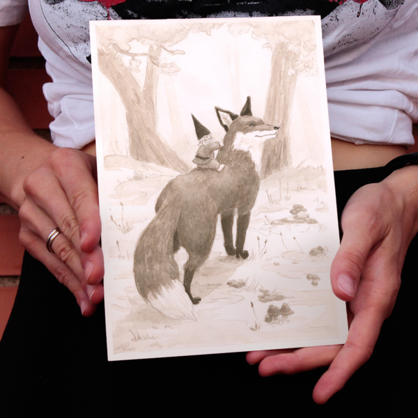 Me holding the Fox & Gnome illustration