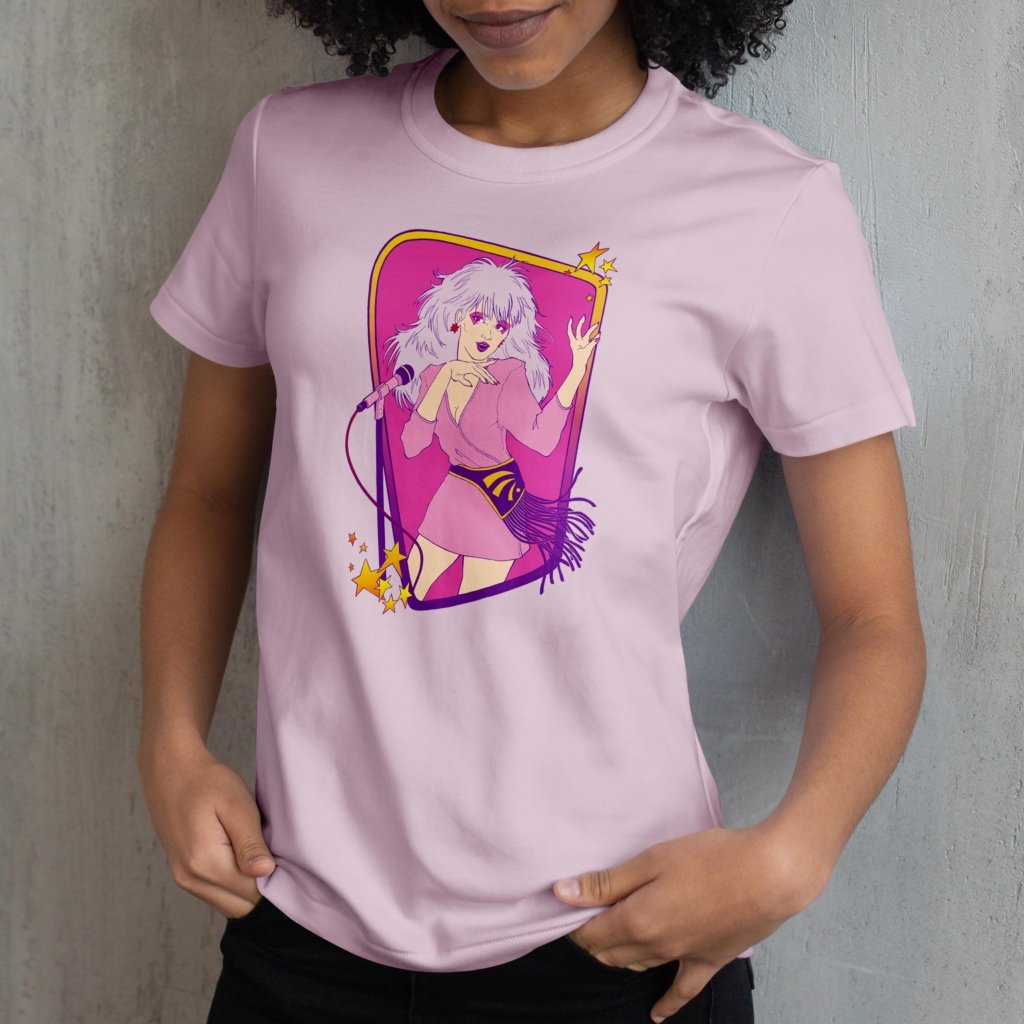 Woman wearing a pink t-shirt featuring the Jem Singing illustration by Natalia Salvador