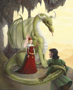 A princess and a dragon in a cave, the dragon holds a prince with its tail