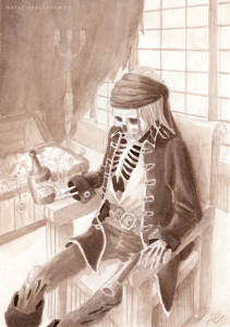 Ink drawing of a sitting pirate skeleton guarding a treasure chest while holding a bottle