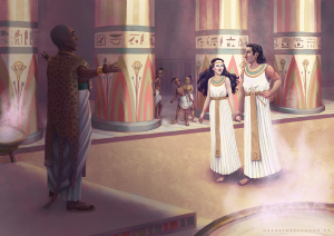 Digital illustration of Sarastro welcoming Pamina and Tamino