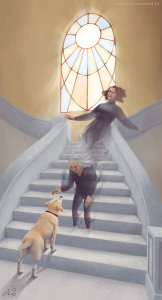 Digital illustration of a dog saying goodbye to his deceased friend, who flies away in a younger version