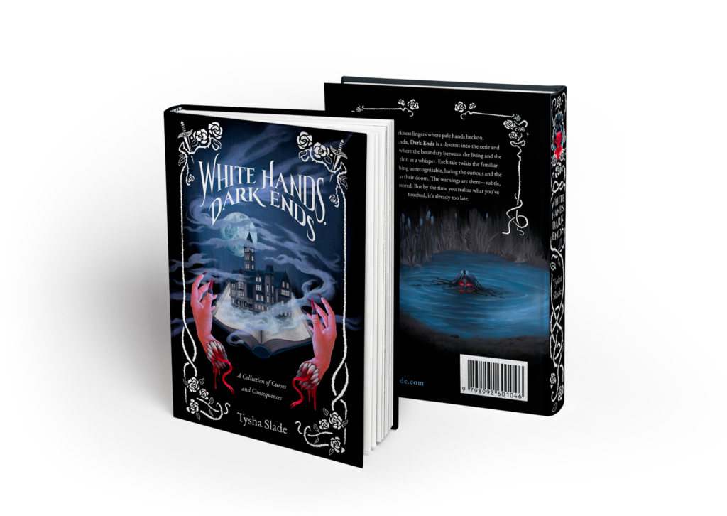 White Hands, Dark Ends hardcover mockup, front and back view