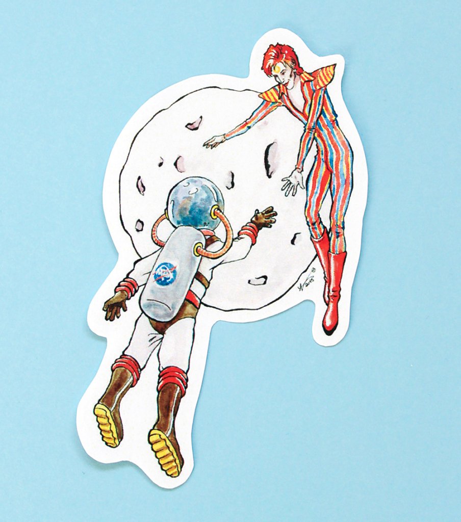 Space Oddity sticker, an astronaut meeting Ziggy Stardust with the moon behind them