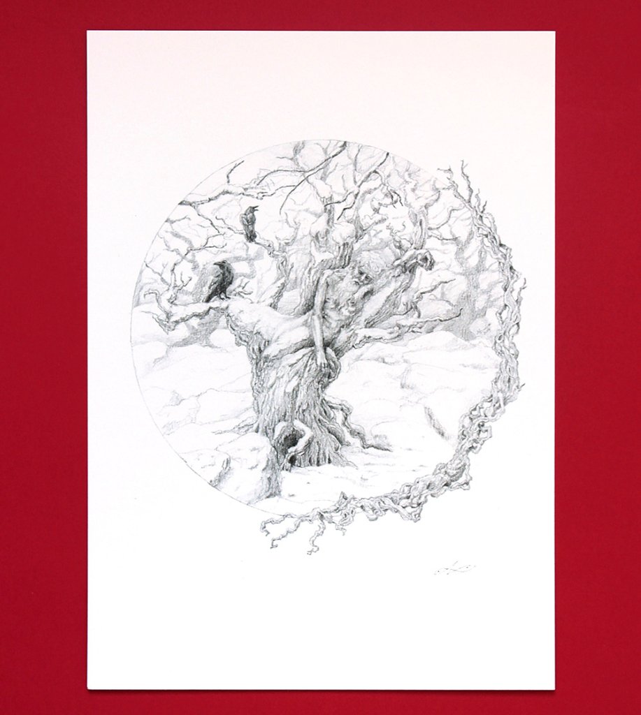 Winter print, featuring an old tree with a man in winter, with two crows